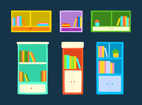 A collection of colorful bookshelf furniture illustrations featuring bookcases, storage cabinets, and shelving units with books and decorative items.