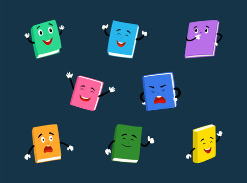 A colorful collection of cute cartoon book characters featuring happy, smiling, surprised, thinking, and expressive book mascots with playful faces and hand gestures.