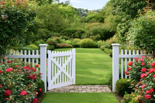 White picket fence gate opening to beautiful garden