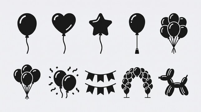 A playful vector icon set featuring festive balloons and party decorations arranged in two rows on a soft light gray background. The collection includes a classic round balloon, a heart-shaped balloon