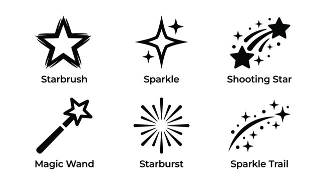 Magic celestial icons featuring shooting star magic wand and sparkle trail in minimalist black vector style for whimsical branding and creative design