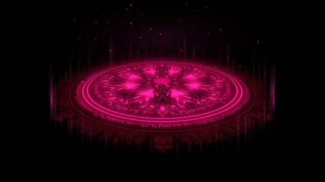 Magic circle summoning ritual glowing effect animation, rose pink mandala with eye medallions and rune band igniting on black background, 4K luma key overlay for compositing