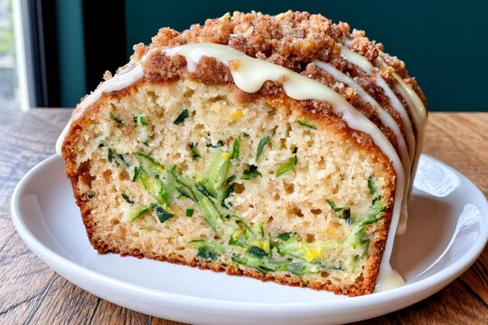 Zucchini bread slice with streusel sugar glaze