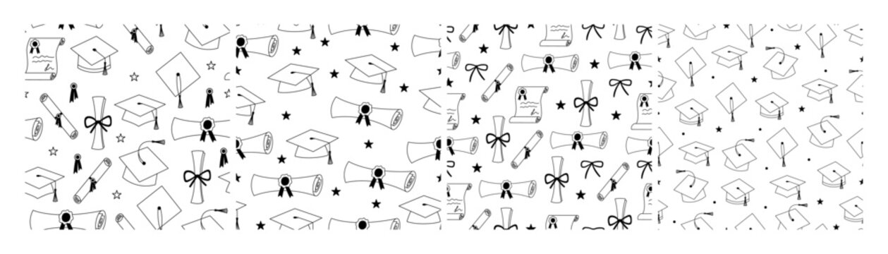 Graduation Cap Seamless Square Pattern Set. Doodle Graduate with Student Hat Background Kit. Graduate Study Education Bg Collection. Line Vector Wallpaper Background Bundle