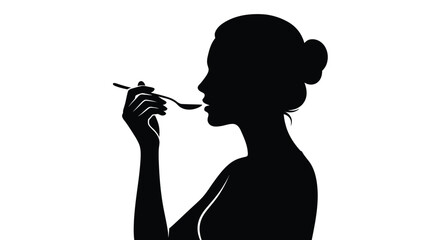 Elegant woman silhouette eating with a spoon vector graphic design illustration on a white background