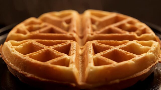Golden brown waffle freshly baked with a crispy texture and warm soft interior