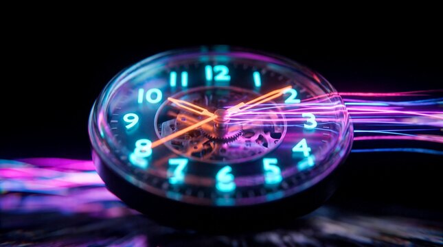 Futuristic glowing digital clock showcasing neon cyan numerals, glowing clock hands and motion light trails, symbolizing time travel and speed of light
