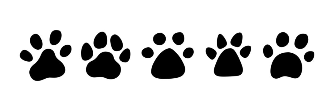 Black Dog Paw Pet Foot Print Silhouette Clipart Set. Hand Drawn Paw Lion Footprint Icon Kit. Doodle Cat Animal Pawprint Track Bundle Silhouette. Hand Drawn Vector Illustration