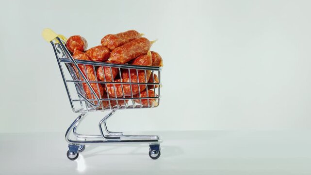 A small hand pushes tiny metal shopping cart filled with mini dry sausages to center of frame against bright white background and stops, motion footage of purchase and sale of meat products.