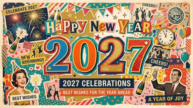 Happy New Year 2027 retro collage greeting card design with champagne, fireworks, and celebration typography for seasonal festive holiday banner vector illustration