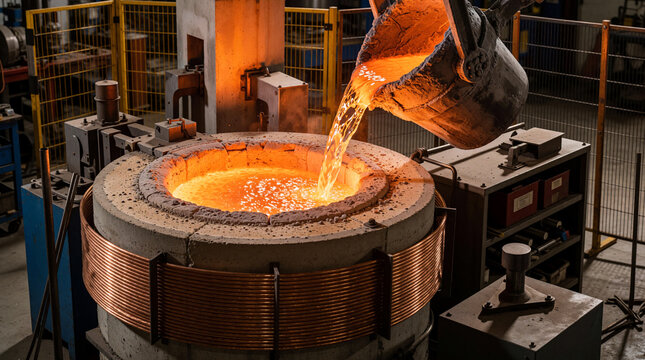 Glowing molten metal poured into an industrial furnace crucible during steel casting at a foundry
