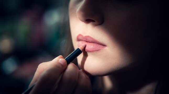Close up shot of woman applying makeup showcasing lip liner application, precise lip contouring and cosmetic routine, representing beauty care and professional facial aesthetics