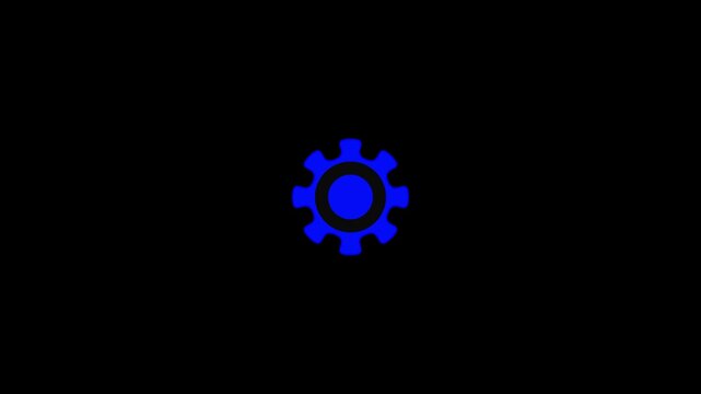 Rotating Blue Gear Engine Icon Zooming In Animation on Black Background