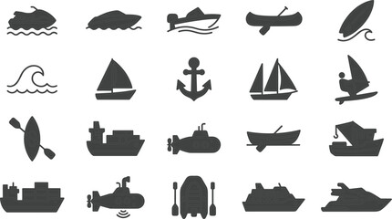 Obraz premium Watercraft and marine transportation silhouette icon vector set featuring boats ships submarines yachts kayak anchor and surfing gear