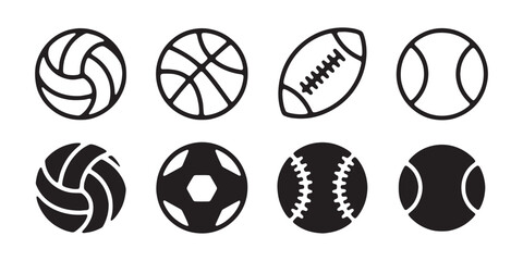 Sport balls outline and silhouette collection including volleyball, basketball, football, and tennis. © MSTSADIYA