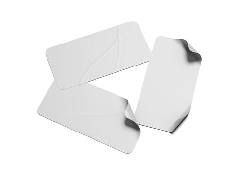 Blank white wrinkled rectangle stickers mockup set angled view