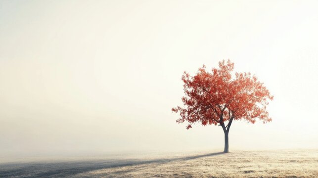 Solitary red tree in misty field at dawn