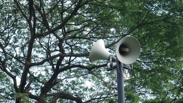 Twin horn speakers mounted on pole against bright sky with tropical tree branches and green foliage in public park daytime