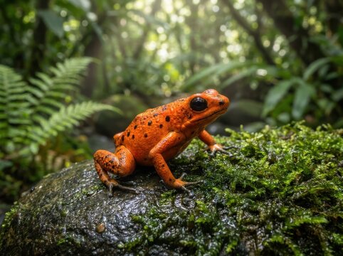 A vibrant orange poison dart frog perched on a mossy forest rock