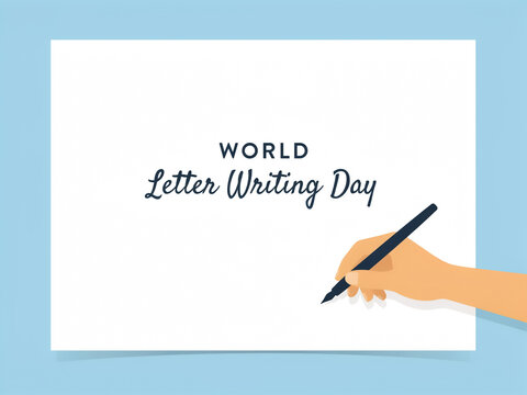 Hand holding pen writing world letter writing day message on plain white paper against soft blue background with communication stationery background business signature