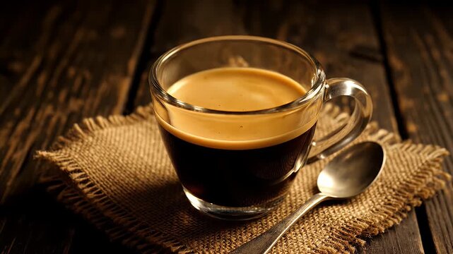 Espresso coffee cup with rich crema served on a rustic burlap mat with a spoon
