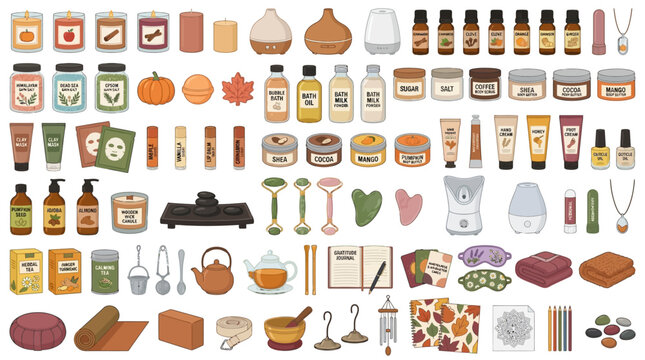 A comprehensive illustration displays a diverse collection of self-care products, including cosmetics, essential oils, diffusers, and spa tools, arranged neatly on a white background.