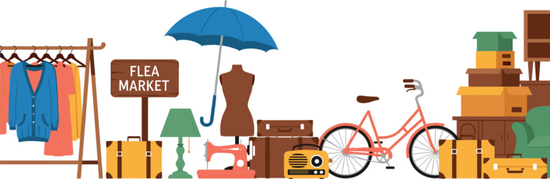 Flea Market Vector Illustration Featuring Vintage Items, Clothing Rack, Bicycle, Retro Radio, Suitcases, and Secondhand Garage Sale Elements