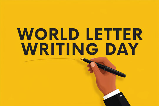 Human hand wearing business suit writing world letter writing day text on solid yellow background with business background communication signature professional
