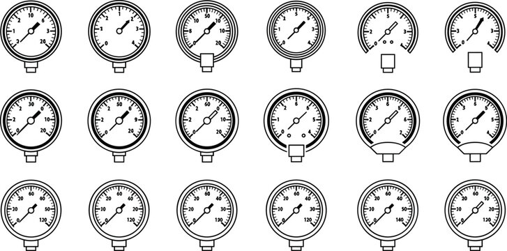 Pressure Gauge Line Icon Set Featuring Industrial Manometers Dial Meters and Measurement Instruments for Engineering Plumbing and Gas Equipment Graphic Designs