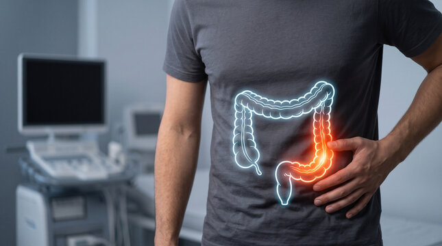 Man experiencing colitis symptoms with digital anatomy visualization of colon