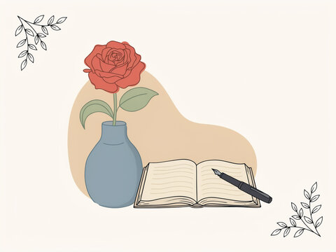 Decorative hand-drawn composition featuring an open journal with a fountain pen and a red rose in a vase for hobby and creative writing themes notebook stationery