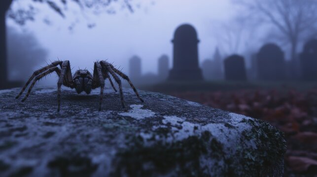 Spider on Gravestone in Foggy Cemetery