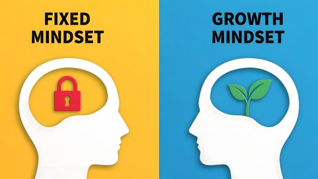Fixed vs growth mindset concept, human head silhouettes with a red padlock and a green plant inside, psychological comparison of mental attitudes