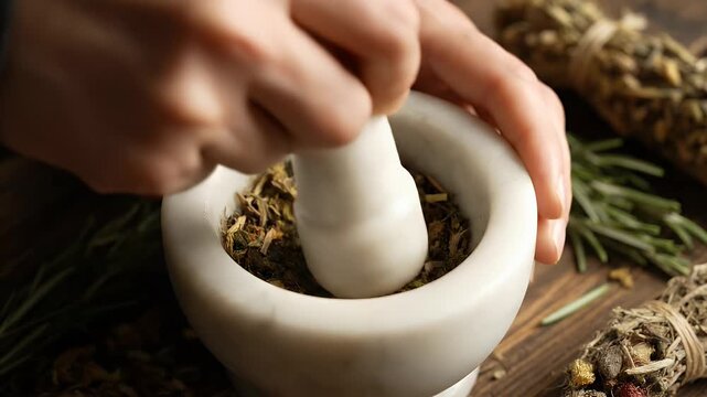 Mortar and pestle grinding dried organic herbs on a rustic wooden kitchen table