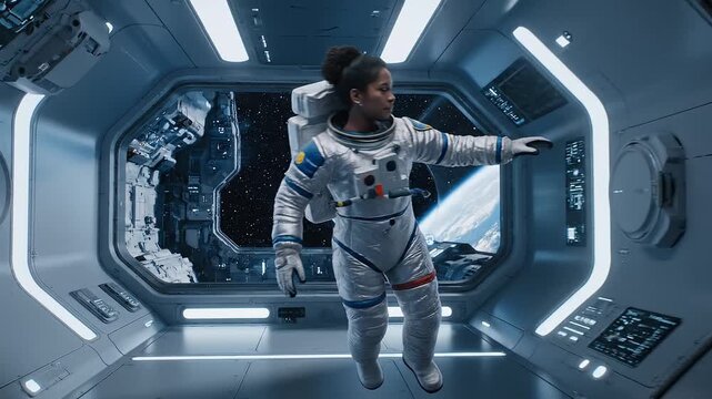 Astronaut Floating Through Futuristic Space Station Corridor in Zero Gravity with Cinematic Glide Camera