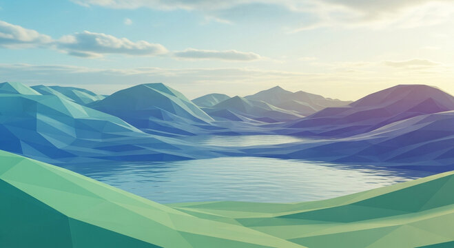 Abstract low poly landscape with mountains and a calm lake under a soft sky.