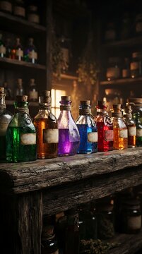 Assorted potions and elixirs on wooden shelf for halloween with halloween