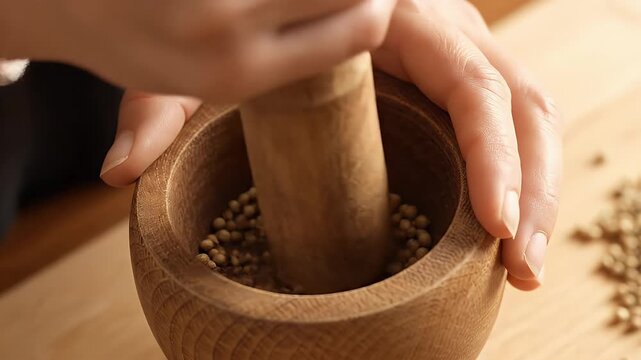 Wooden mortar and pestle grinding fresh peppercorns for culinary flavor preparation
