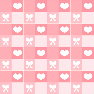 Cute Pink Hearts and Bows Seamless Checker Pattern
