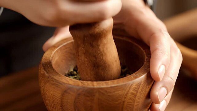 Wooden mortar and pestle crushing fresh green herbs for cooking in the kitchen