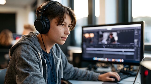 Teenager wearing headphones focused on video editing software displayed on a computer monitor