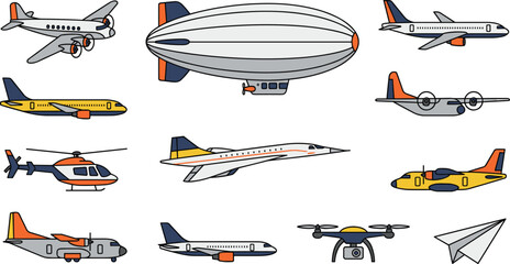 Commercial Air Transportation and Aviation Aircraft Set with Jet Airliners, Supersonic Airplane, Helicopter, Blimp, Drone, Cargo Propeller Plane, and Paper Airplane Flat Vector Illustrations © MbBasir