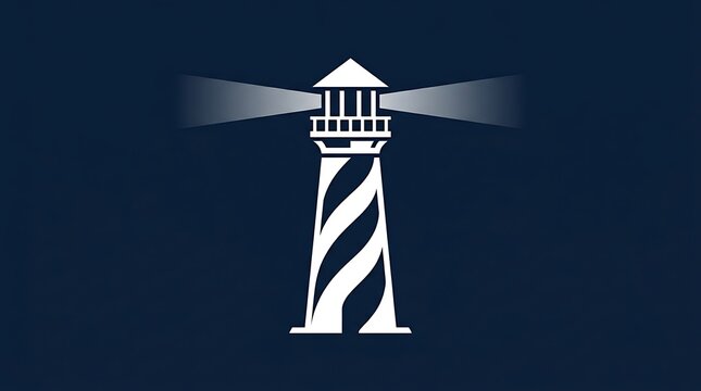 White lighthouse icon with light beams on dark blue background