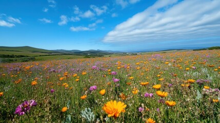 Obraz premium Vast Field of Colorful Wildflowers Under a Blue Sky