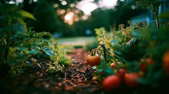 Summer hot vibe lifestyle. A vivid, sunlit photograph captures a garden scene. A tomato plant with bright red tomatoes is the main subject, surrounded by lush green foliage. The sun casts a warm.