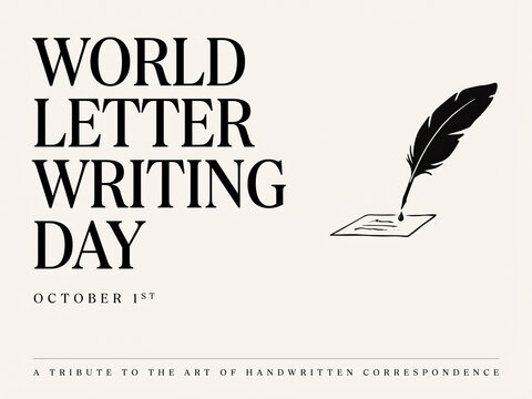World letter writing day typography poster with a vintage feather quill pen illustration celebrating the art of handwritten correspondence on october 1st, handwriting