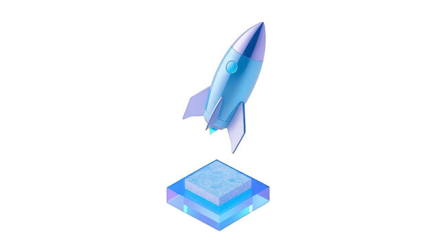3D isometric rocket launch icon on black background