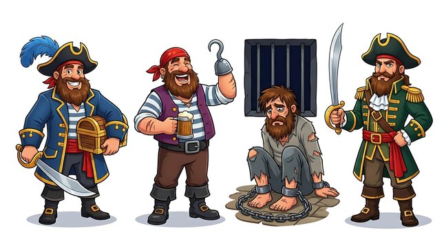 Cartoon pirate crew set with treasure chest and prisoner