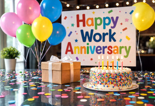 Colorful happy work anniversary celebration with cake balloons and gift box on table