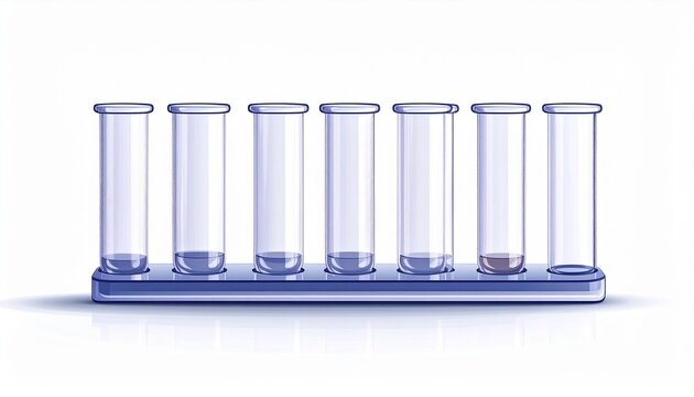 Empty glass test tubes in laboratory rack on white background.